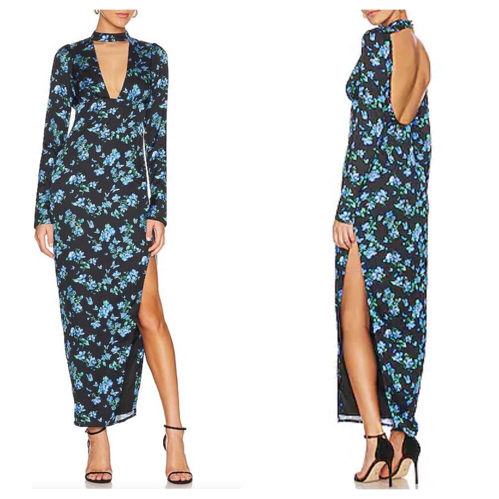 Majorelle Stellina Dress Floral Choker Neckline Backless Long Gown with Slit